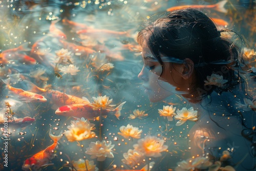 A young girl amidst a tranquil pond filled with koi fish, depicting innocence and harmony with nature photo