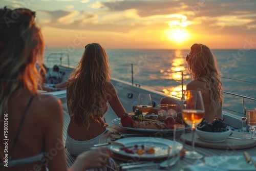 Friends gathering for an elegant sunset dinner on a yacht, reflecting luxury, leisure, and the joys of the high life on the sea © Larisa AI