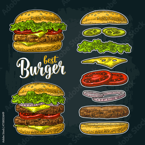 Double and classic burger with flying ingredients include bun, tomato, salad, cheese, onion, cucumber. Best burger lettering. Vector color vintage engraving illustration isolated on dark