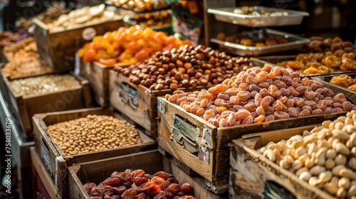 A marketplace scene with crates filled with dried fruits and legumes, highlighting healthy choices