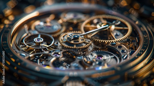 Intricate Watch Mechanism Macro Photography. Close-up photo showcasing the complexity and precision of an intricate watch mechanism with gears and springs.