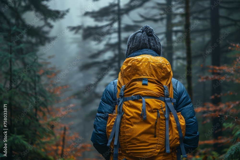 A lone adventurer in a yellow jacket contemplates a misty, ethereal forest, suggesting contemplation and mystery A lone adventurer in a yellow jacket contemplates a misty, ethereal forest, suggesting contemplation and mystery