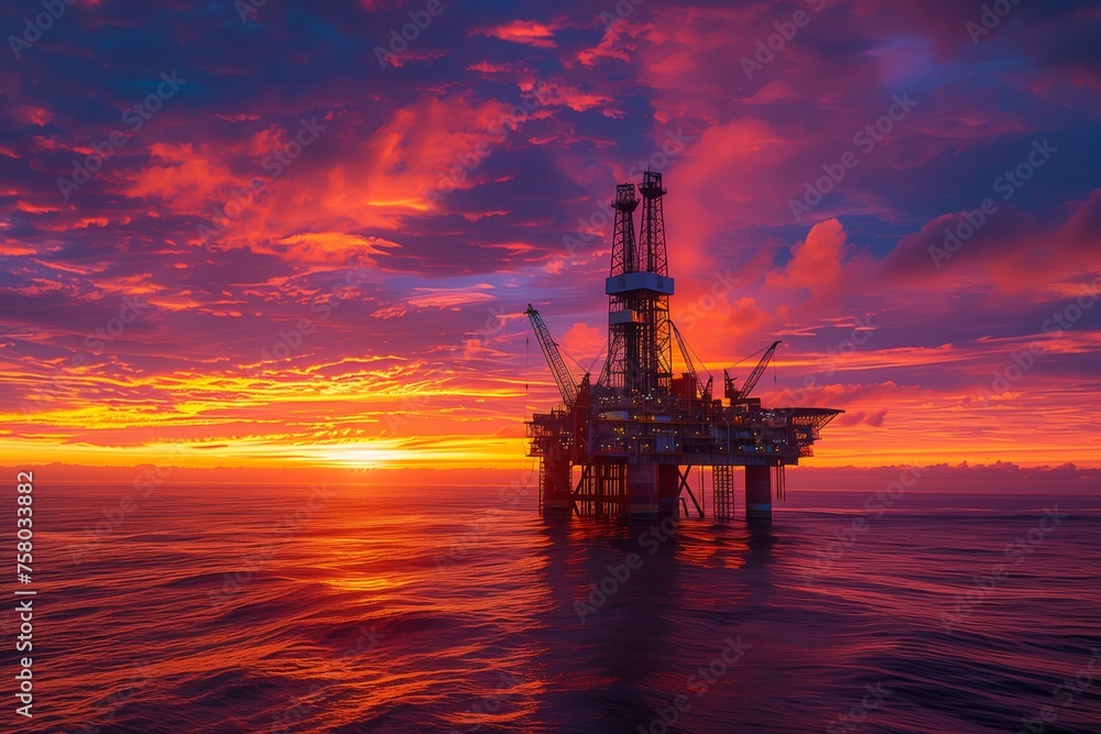 Fiery Sunset Skies Over Offshore Oil Rig. Breathtaking offshore oil rig under the fiery skies of sunset, with reflections upon the ocean waves. Fiery Sunset Skies Over Offshore Oil Rig. Breathtaking offshore oil rig under the fiery skies of sunset, with reflections upon the ocean waves.