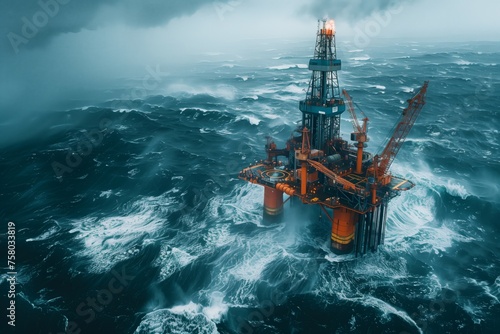 Offshore Oil Rig Facing Stormy Seas at Dusk. Offshore oil rig stands resilient amidst the churning, stormy seas, under the ominous glow of a dusk sky.