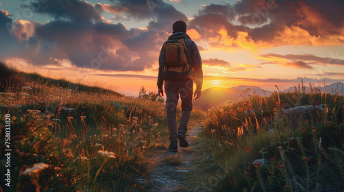 Free traveler walking alone on a path at sunset, enjoying his freedom and his trip through wild nature