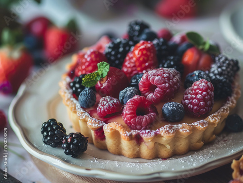 Fresh sweet baked tart with berries on table
