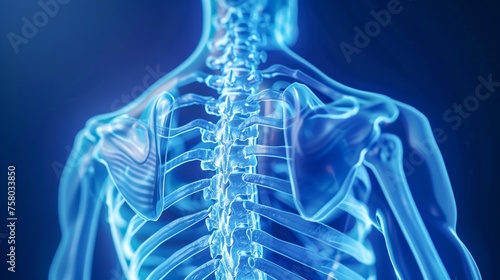 A highly detailed x-ray showing the intricate bones of the human spine, glowing in a calming blue hue