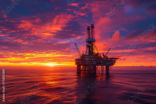 Fiery Sunset Skies Over Offshore Oil Rig. Breathtaking offshore oil rig under the fiery skies of sunset, with reflections upon the ocean waves. © Old Man Stocker