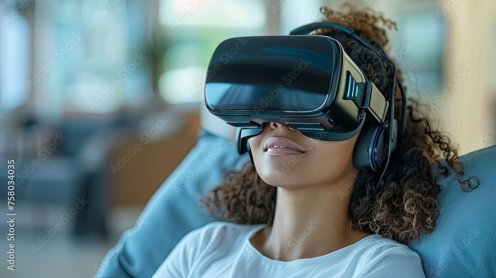 Close-up of a woman wearing a virtual reality headset, fully immersed in a digital experience, with a blurred background.. Close-up of a woman wearing a virtual reality headset, fully immersed in a digital experience, with a blurred background..