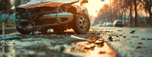 A close-up of a wrecked car on a wet road, detailing the aftermath of a serious car accident during golden hour.. photo