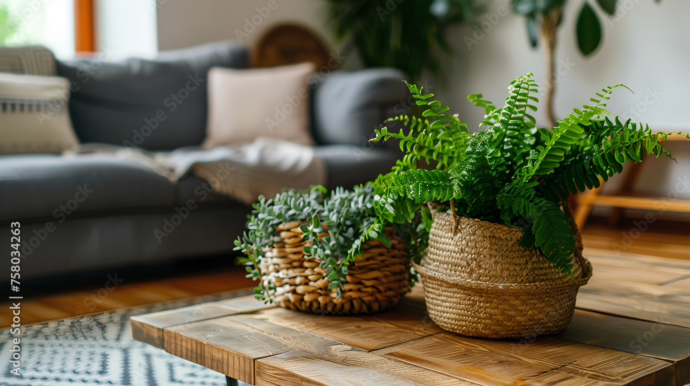 Fototapeta premium Wooden coffee table with with houseplant and wicker basket near grey sofa in living room. Generative AI