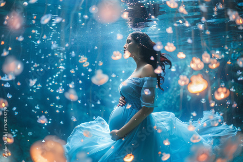 A mesmerizing underwater backdrop featuring a pregnant woman elegantly swimming through a sea of twinkling stars and glowing jellyfish © Bordinthorn