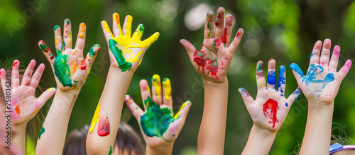 joyful children in kindergarten show their palms in paint, hands, little kids, green background, bright colors, place for text, drawing, art, paint, red, blue, schoolchildren, playground