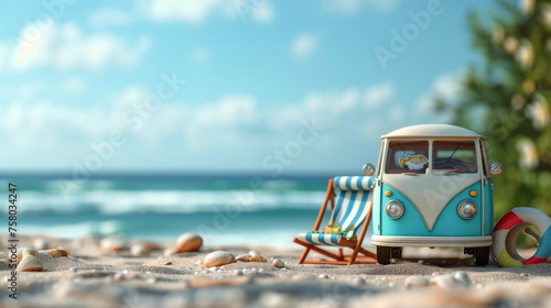Small hippie minivan on the beach on a sunny summer day with a sunbathing chair. Summer holiday concept at sea or ocean