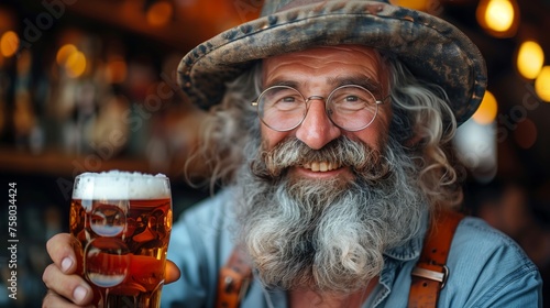 Cheerful Bearded Senior Enjoying a Cold Beer. Smiling elderly man with a bushy beard, wearing a hat, happily holding a pint of beer in a bar setting.