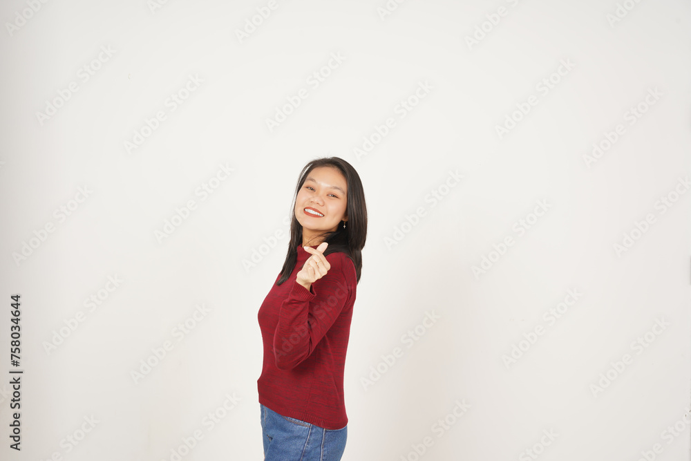 Young Asian woman in Red t-shirt Showing korean love finger isolated on white background Young Asian woman in Red t-shirt Showing korean love finger isolated on white background