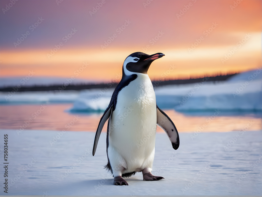 Fototapeta premium Portrait of a penguin Cheerful, happy in a snowy landscape. Playful, happy animal. Generative Ai.