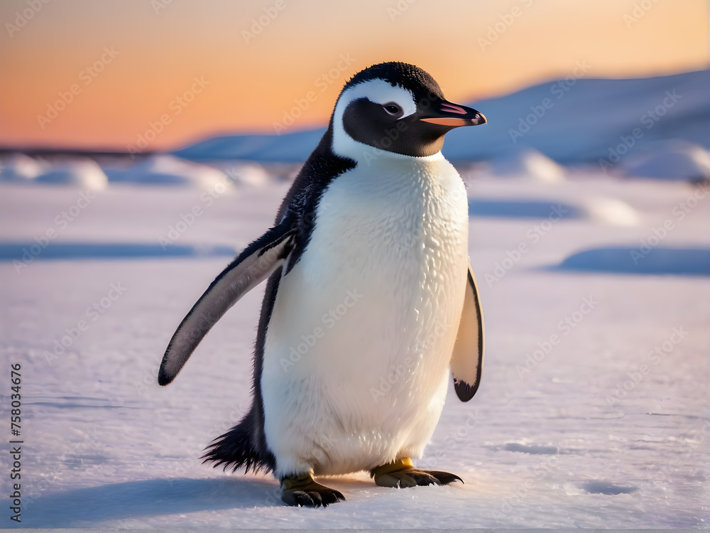 Obraz premium Portrait of a penguin Cheerful, happy in a snowy landscape. Playful, happy animal. Generative Ai.
