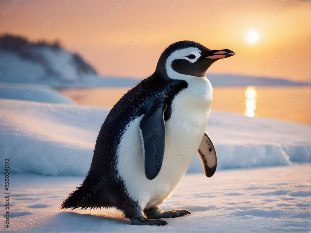 Obraz premium Portrait of a penguin Cheerful, happy in a snowy landscape. Playful, happy animal. Generative Ai.