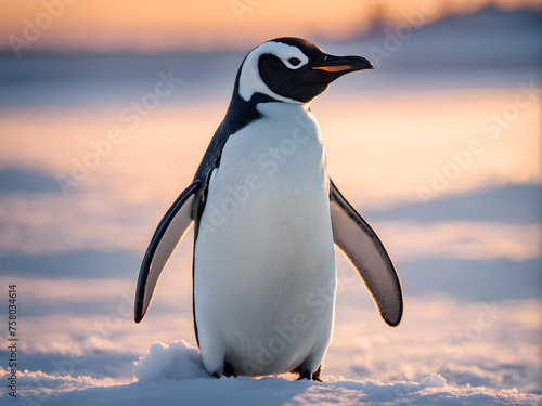 Portrait of a penguin Cheerful  happy in a snowy landscape. Playful  happy animal. Generative Ai.