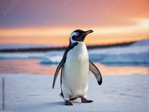 Portrait of a penguin Cheerful  happy in a snowy landscape. Playful  happy animal. Generative Ai.