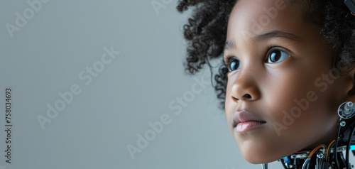 Portrait of a cyborg robot child with technical elements and sensors on his face and head. Concept for the development of a technological new generation of children, banner with copyspace photo