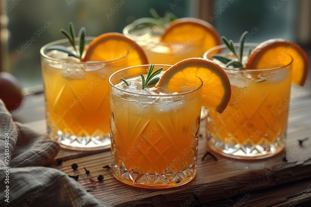 Warm amber-hued drinks with orange garnish, served on a rustic wooden tray against a cozy backdrop Warm amber-hued drinks with orange garnish, served on a rustic wooden tray against a cozy backdrop