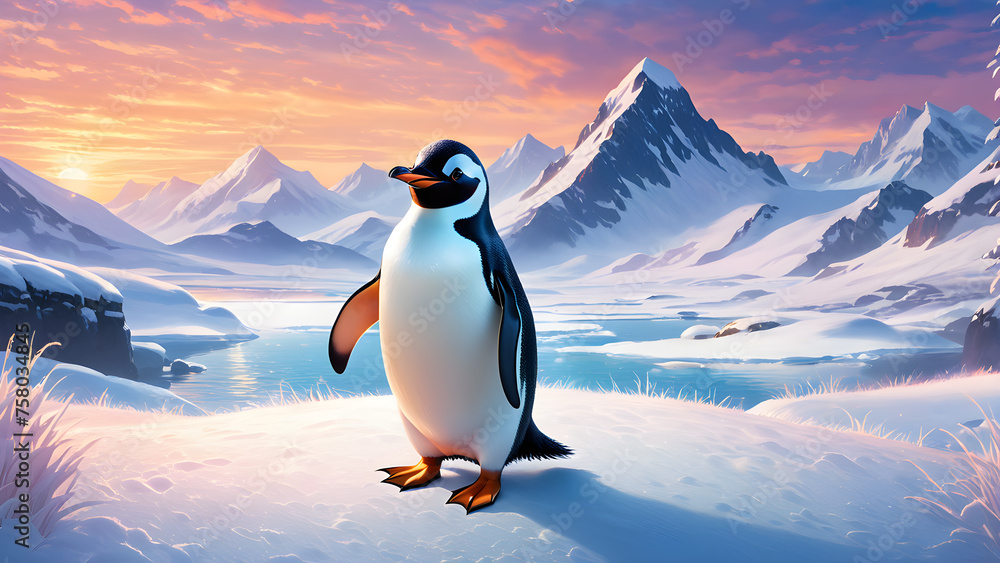 Obraz premium Portrait of a penguin Cheerful, happy in a snowy landscape. Playful, happy animal. Generative Ai.