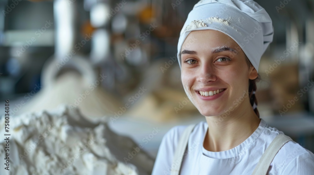 Confident female miller with a cheerful smile controlling the flour milling process Confident female miller with a cheerful smile controlling the flour milling process
