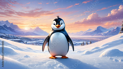 Portrait of a penguin Cheerful, happy in a snowy landscape. Playful, happy animal. Generative Ai.