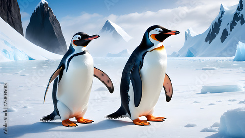 Portrait of a penguin Cheerful  happy in a snowy landscape. Playful  happy animal. Generative Ai.