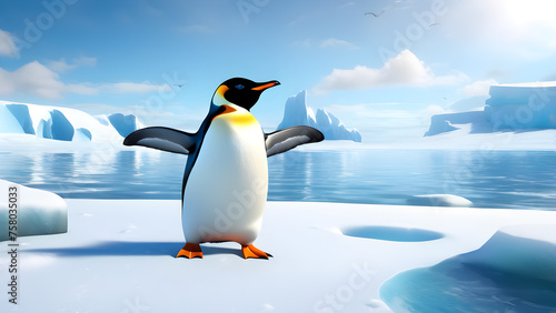 Portrait of a penguin Cheerful  happy in a snowy landscape. Playful  happy animal. Generative Ai.