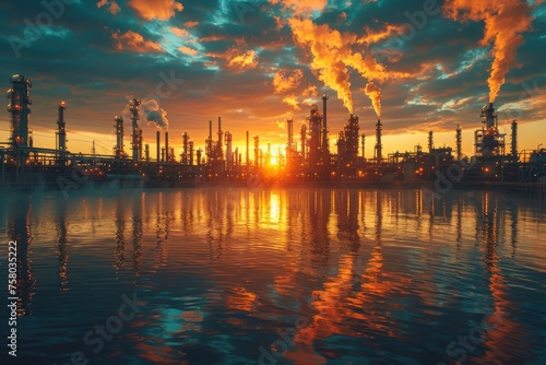 A breathtaking sunrise reflects over water with an industrial skyline, representing energy and beginnings