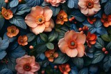 An artistic arrangement of peach flowers and berries creating a full, vibrant floral tapestry
