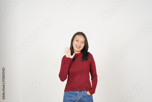 Young Asian woman in Red t-shirt Hi Greeting Gesture isolated on white background