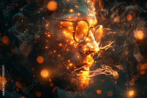 A digital art portrait of a bearded man surrounded by a swirl of shimmering particles and light effects