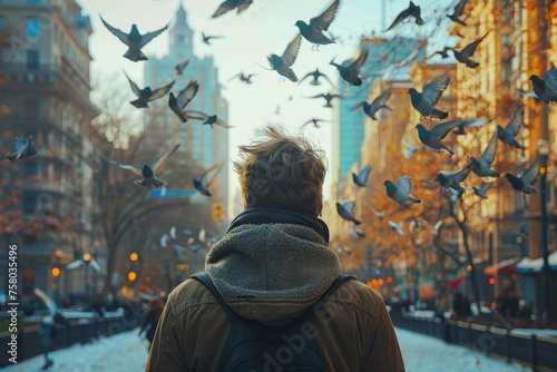 A candid photo capturing a man witnessing a flock of pigeons taking flight on a bustling urban street