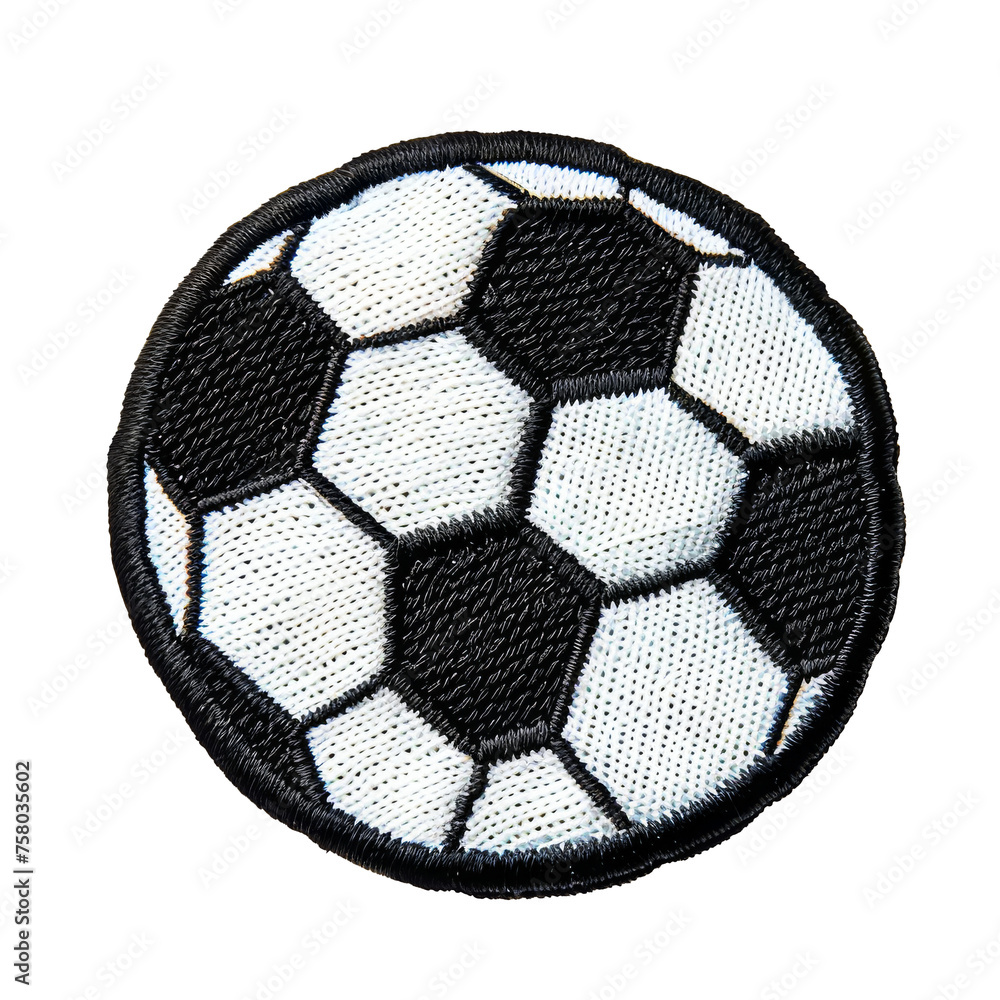 Fototapeta premium Black and white soccer ball embroidered patch on transparent