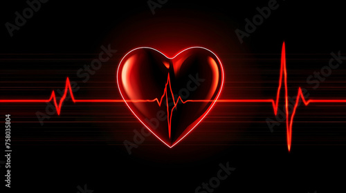 Red heart and cardio pulse line intertwining on a black backdrop symbolizing health and vitality