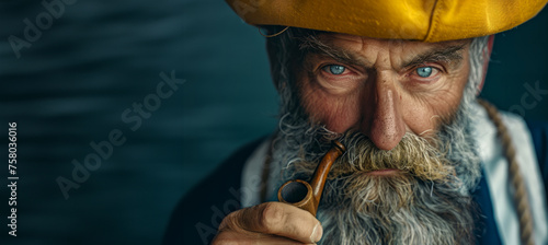 A man with a yellow hat and a pipe in his mouth. He looks angry and is looking at the camera. classic bearded sailor with a yellow hat and a pipe