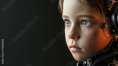 Portrait of a cyborg robot child with technical elements and sensors on his face and head. Concept for the development of a technological new generation of children, banner with copyspace photo