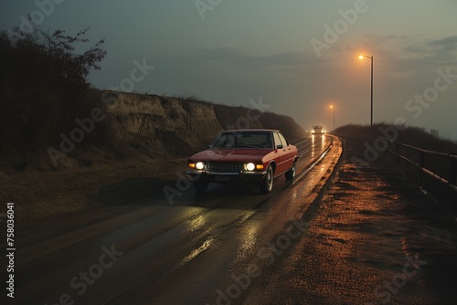 A car races against the sunset, its tires kicking up dirt on the offroad track, as it navigates the wet road with precision and determination