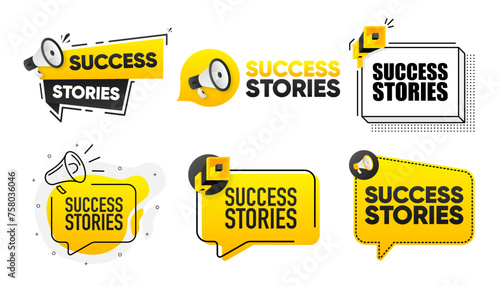 Success Stories. Megaphone label collection with text. Marketing and promotion. Vector Illustration.