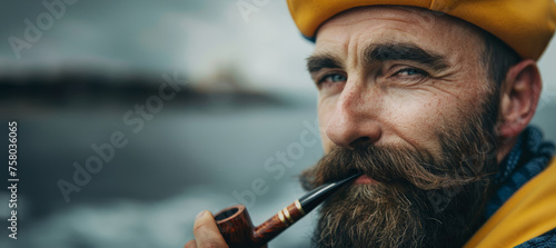 A man with a yellow hat and a pipe in his mouth. He looks angry and is looking at the camera. classic bearded sailor with a yellow hat and a pipe © Nataliia_Trushchenko