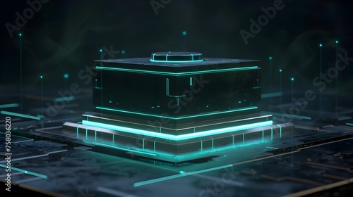 Black and Teal Glowing Cube of Advanced Technology on Energy Shield Box © yelosole