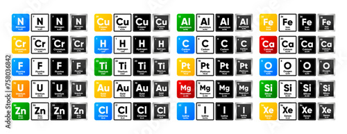 Chemistry elements of Mendeleev table. Collection chemistry elements in different style. Vector illustration.