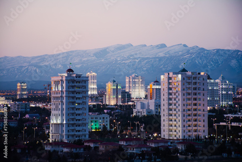 Foothills of Ashgabat. Turkmenistan. Kopetdag Mountains. The city of Akhabad, white buildings covered with marble. photo