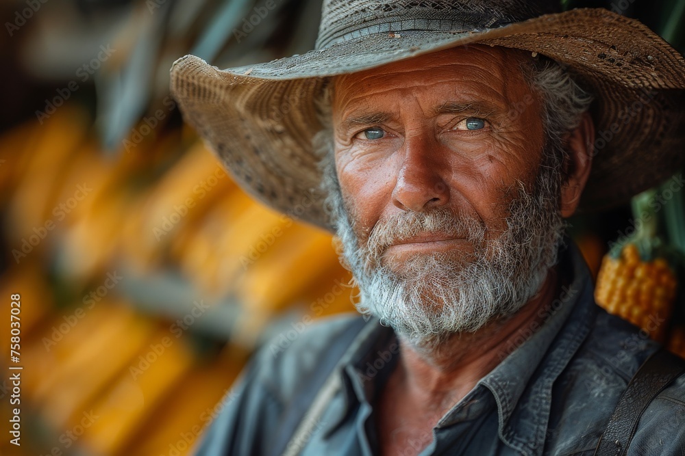 Tired farmer in a hat takes a break, reflecting a life of rural hardship and authenticity
