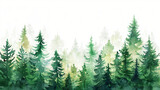 Watercolor stylized illustration of green forest and trees, white background, wallpaper