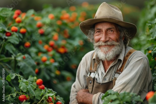 An elderly farmer with a joyful expression on his face standing among lush tomato plants in a garden